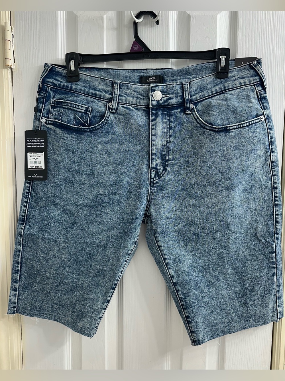True Religion Men's Size 36 Dark Wash Rips Rocco Renegade Skinny Shorts MSRP 124